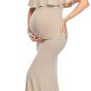 Glampunch Womens Off Shoulder Maternity Dress Ruffles Elegant Slim Gowns Fit Maxi Photography Dress, Small, Beige