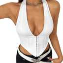 WDIRARA Women's Y2K Halter Top Deep V Backless Asymmetrical Hem Cami Crop Tops, S