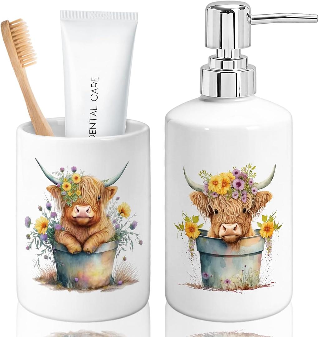 FYSUIMU Highland Cow Bathroom Toothbrush Holder Set Watercolor Rustic Cow Wildflower Ceramic Soap Dispenser with Tooth Brush Organizer for Modern Countertop Decor Set