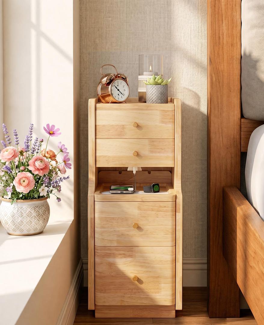 Narrow Nightstand with 4 Drawers, Solid Wood Narrow End Table, Modern Skinny Nightstand with 1 Semi-Open Shelf, Thin Couch Side End Table Night Stand with Drawers