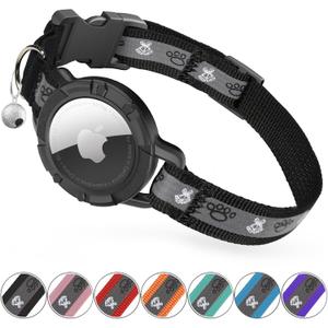 Reflective AirTag Cat Collar, Integrated Cat Tracker Collar with Air Tag Holder and Bell, Safety Elastic Band Cat GPS Collars for Girl Boy Cats, Kittens and Puppies (Black, S)
