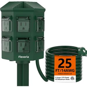 Outdoor Power Strip Waterproof, 25 FT Heavy Duty Extension Cord, 6 Grounded Outlets for Graden and Yard Decorations, 15A/1875W, ETL Listed