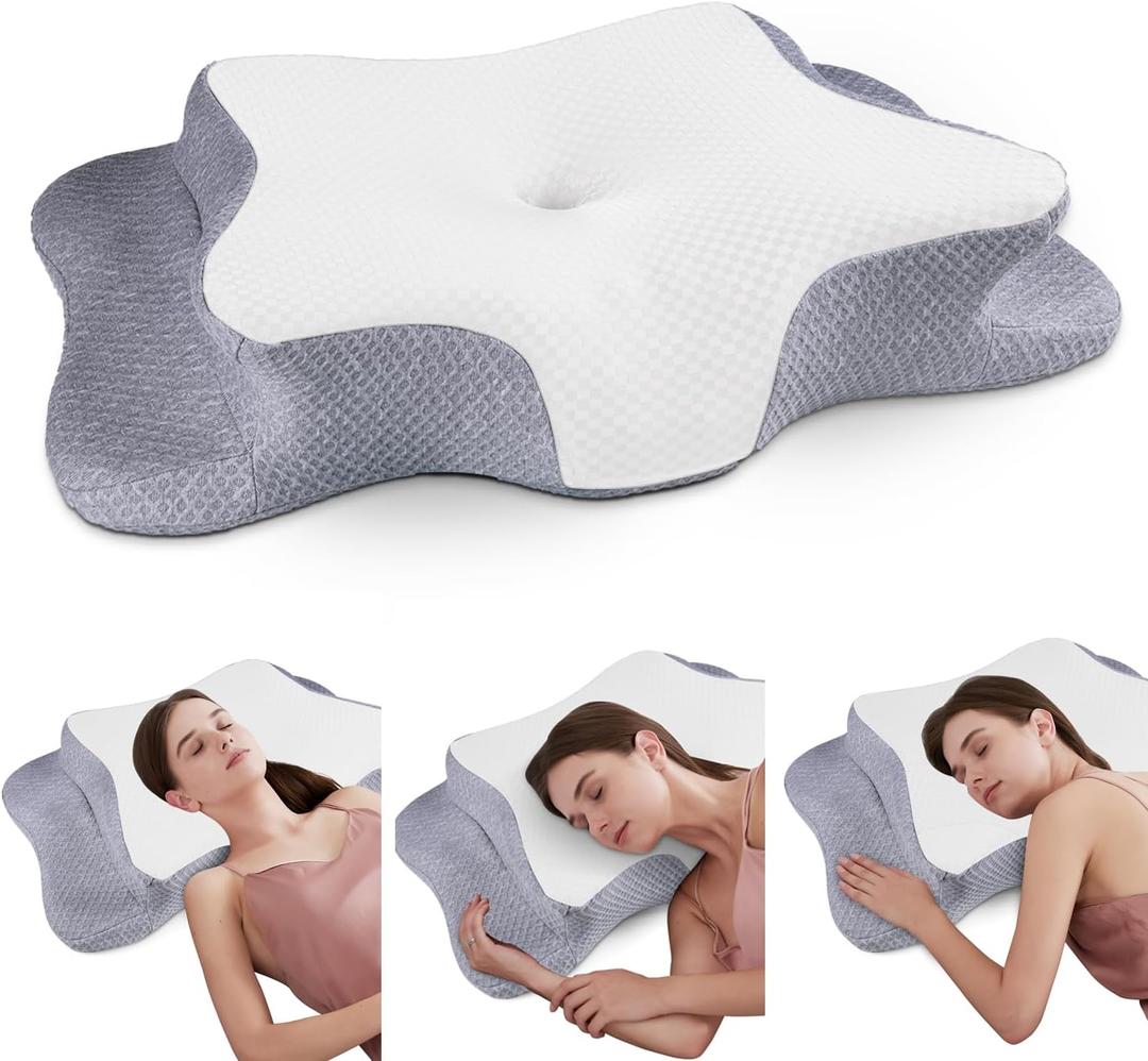 Cervical Neck Pillow for Pain Relief Sleeping, Contour Memory Foam Pillows, Ergonomic Side Sleeper Pillows for Adults, Cooling Orthopedic Neck Support Pillow for Back Stomach Sleepers (Queen Size, White & Grey - Grid)