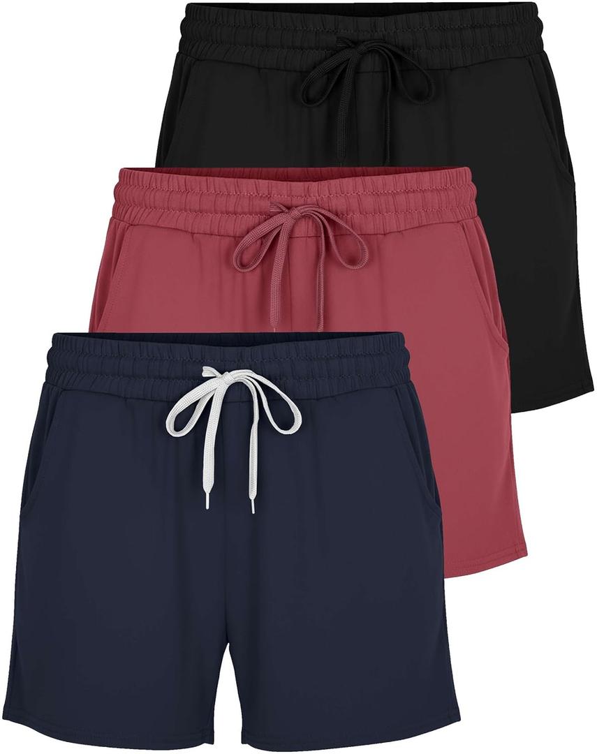 Real Essentials 3 Pack: Womens Ultra-Soft Athletic Lounge Casual Sweat Shorts with Pockets (S)
