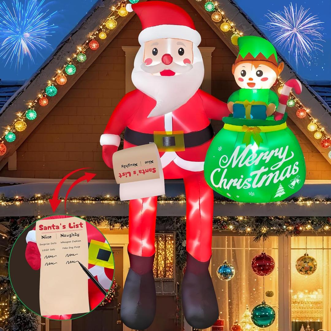 10 FT Christmas Inflatables Santa Claus, Christmas Blow Up Yard Decorations with Built-in LEDs & Elf, Climbing Santa Inflatable Outdoor Decorations for Garden Yard Lawn Roof Holiday Party