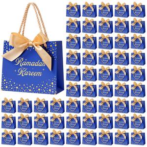Glenmal 60 Pcs 5.51x2.36x4.72'' Ramadan Gift Bags Ramadan Mubarak Blue Paper Party Bags Eid Mubarak Treat Goodie Bag with Handle and Ribbon for Ramadans Kareem Eid Mubarak's Party Supplies