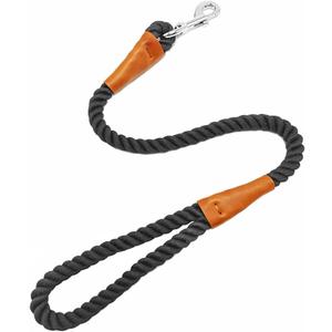 2FT Short Dog Leash, Soft Cotton Rope Braided with Leather Tailor Connection Lightweight Pet Lead for Small to Large Dogs Walking Training (24in x 1/2in) (Black)