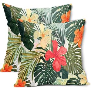 Hawaiian Pillow Covers 18x18 Inch Set of 2 Summer Tropical Palm Leaves and Floral Cotton Linen Decorative Throw Pillow Cases Monstera Flower Cushion Covers for Bedroom Living Room Sofa Chair Decor