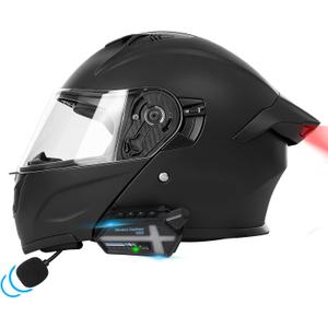 Bluetooth Modular Motorcycle Helmets with Tail Lights, DOT Certified Flip-Up Dual Visor Full Face Helmets for Men & Women Moto ATV UTV Snowmobile ADV Four Wheeler Street Bike (Matte Black, L)