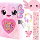 Axolotl Diary For Girls With Lock And Keys, Girl Journal, Girls Fuzzy Notebook Gift Set For Writing And Drawing,Lock Diary For Kids, Birthday Gift For Kids Ages 6-8