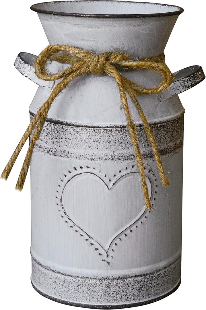 MISIXILE Vintage Galvanized Milk Can, Farmhouse Flower Vase, Rustic Shabby Chic Vase with Handle for Home Office Decor- 7.5"(Misty Grey)