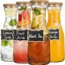 YOUEON 4 Pack Glass Carafe with Lid, 1 Liter Beverage Pitchers Carafes for Mimosa Bar with Bamboo Lids and Chalkboard Tags, Clear Water Juice Carafe, Wide Mouth & Easy to Grip