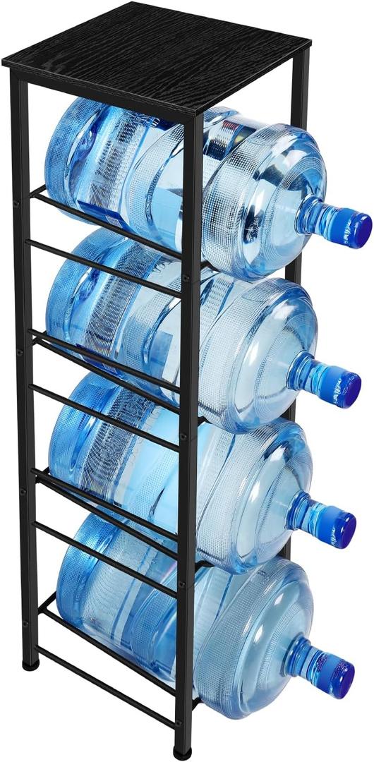 Smusei 5 Gallon Water Jug Holder Heavy Duty 4 Tier Water Bottle Holder with Storage Shelves Detachable Water Jug Rack for 5 Gallon, Water jug Stand Organizer for Office Living Room, Black