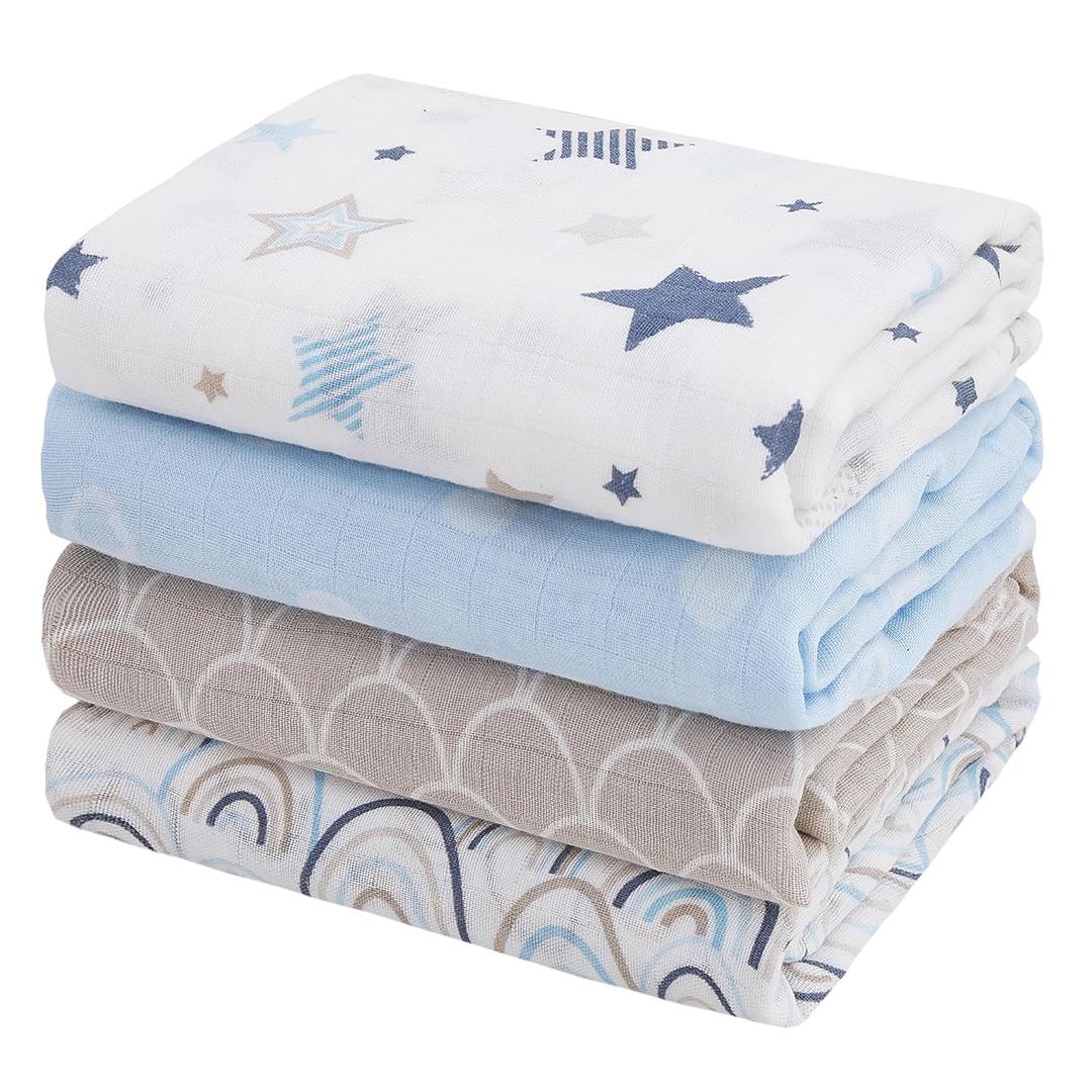 Softan Muslin Swaddle Blankets for Baby Girl & Boy, 47X47In Receiving Blankets for Newborn, Swaddle Blanket Set Soft Silky & Breathable, Blue Rainbow and Five-Pointed Star, 4 Pack