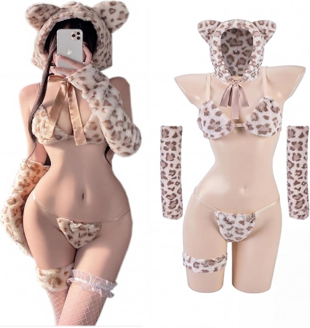 7 Pcs Alluring Anime Tiger Maid Costume for Women Cat Costumes Set with Plush Bra, Tail G-string, Ears Hat, Gloves and Fishnet Stockings, Furry Babydoll Bodysuit, One Size 