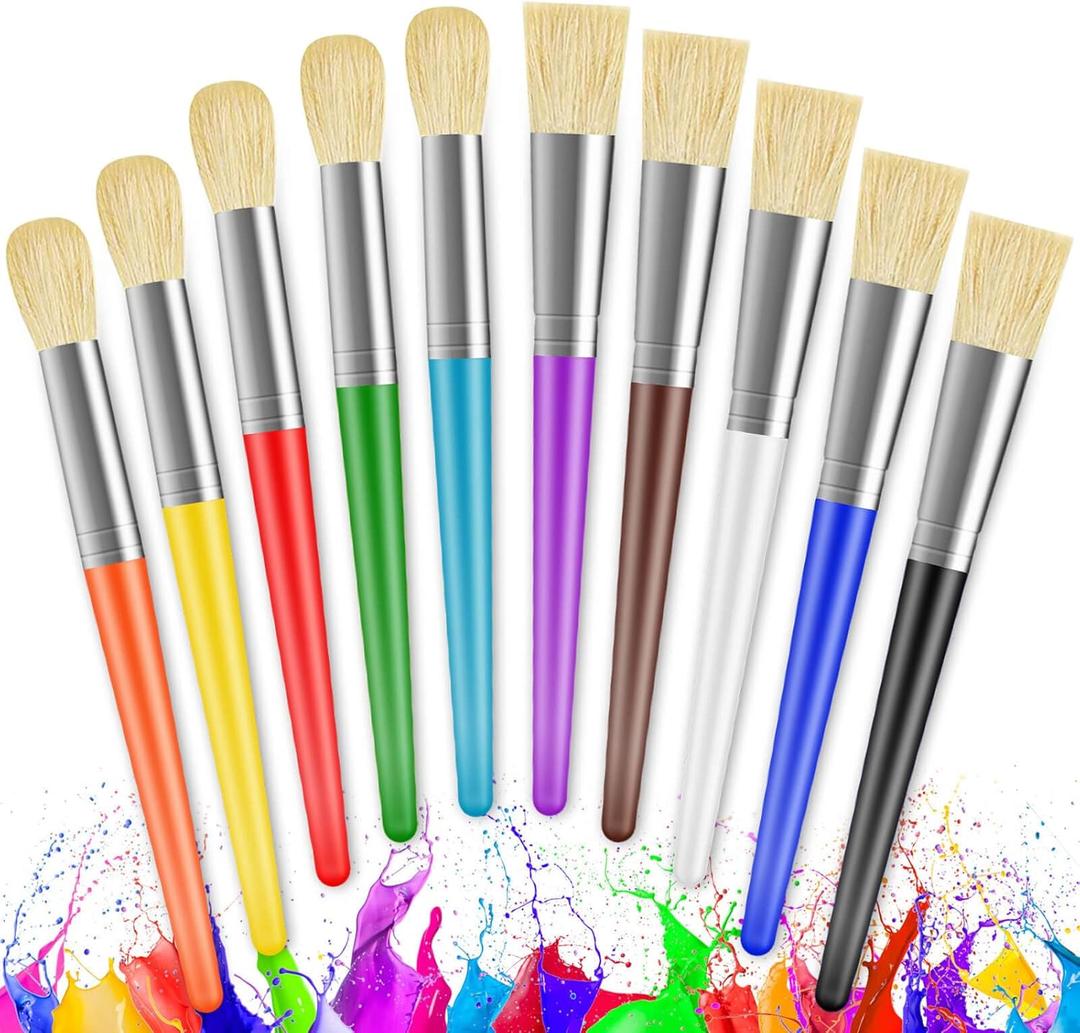 Paint Brushes for Kids, 10 Pcs Big Washable Chubby Toddler Paint Brushes, Easy to Clean & Grip Round and Flat Preschool Paint Brushes with No Shed Bristle for Acrylic Paint, Washable Paint (Assorted Colors)
