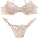 Lilosy Sexy Underwire Cute Push Up Strappy Embroidered Mesh Sheer Lingerie Set See Through Panty Bra (Large, Bow Beige)