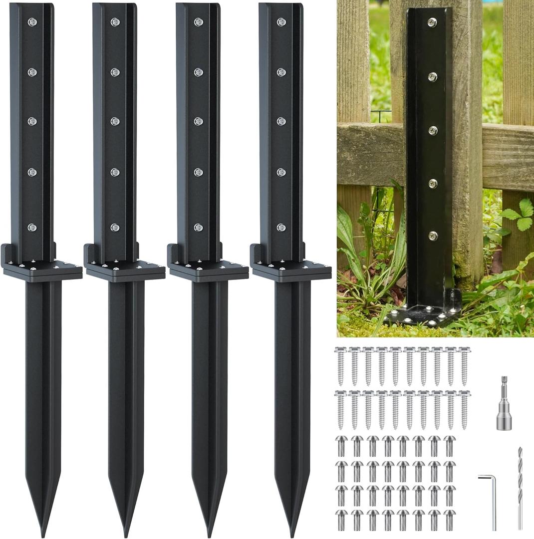 4-Pack Fence Post Repair Kit 32in Heavy Duty Ground Anchor Thickened Stakes 304 Stainless Steel Screw-Connected for Repairing Tilted and Broken Wooden Fence Post