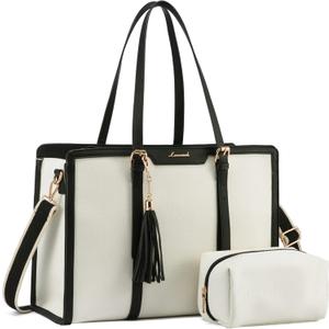 LOVEVOOK Laptop Tote Bag for Women,Canvas Work Bag, Waterproof Business Teacher Bag,Large Computer Handbag Purse Briefcase,Office Gifts for Women (15.6 Inch, Beige & Black)