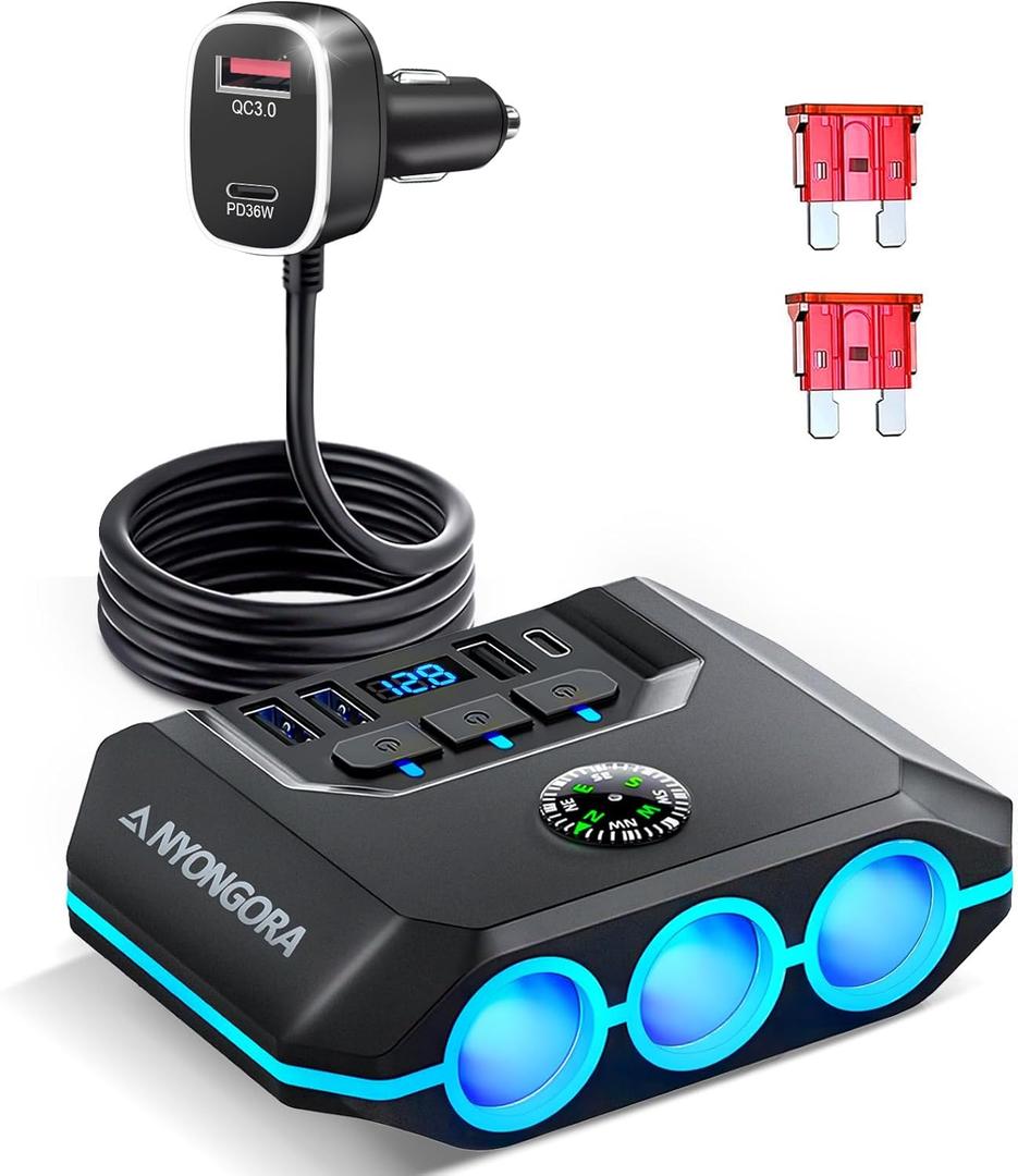 9-in-1 Cigarette Lighter Splitter, 156W Car Charger Adapter with PD 36W & QC 3.0, 3 Sockets with Independent Switches, 6 USB Ports, LED Voltage Display, UL Certified, Includes Spare Fuse