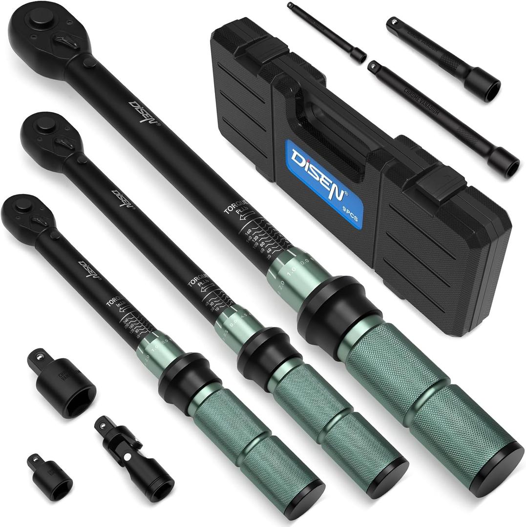 DISEN 9PCS Click Torque Wrench Set 1/4" 3/8" 1/2" Drive 20-220 In.lb, 5-45 Ft.lb, 10-170 Ft.lb with 6 Adapters, 3% Accuracy, 72-Tooth, Dual Scale, Storage Case for Bike, Motorcycle, Car, Truck Repair