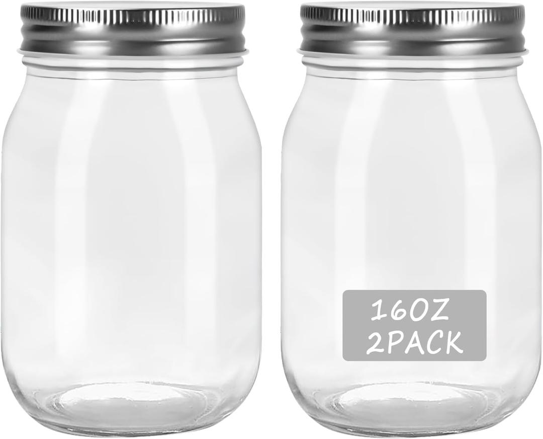 HOXHA 2 Pack Glass Regular Mouth Mason Jars, 16 oz Clear Glass Jars with Lids for Sealing, Canning Jars for Food Storage, Overnight Oats, Dry Food, Snacks, Candies, Jam, Honey