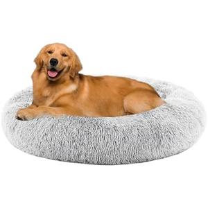 Donut Dog Bed, XL Large Round Calming Cat Bed with Washable Waterproof Cushion, Anti-Anxiety & Anti-Slip Fluffy Cuddle Cozy Faux Fur Plush for Pet Puppy Indoor Sleeping (37.4"x37.4", Grey)