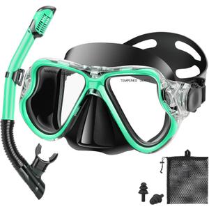 Snorkeling Gear for Adults Kids, Dry Snorkeling Set, Panoramic Anti-Leak and Anti-Fog Tempered Glass Lens, Adjustable Strap Snorkel Set with Mesh Bag Ear Plug for Snorkeling Scuba Diving Travel (Turquoise Blue)