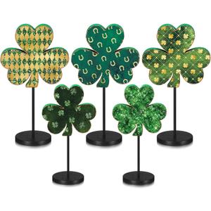 5 Pcs St Patricks Day Decorations Shamrock Wooden Sign Stand Irish Wood Centerpiece Table Decorations Freestanding Clover Signs St. Patrick's Day Decor for Gift Desk Party(Shiny Shamrock)