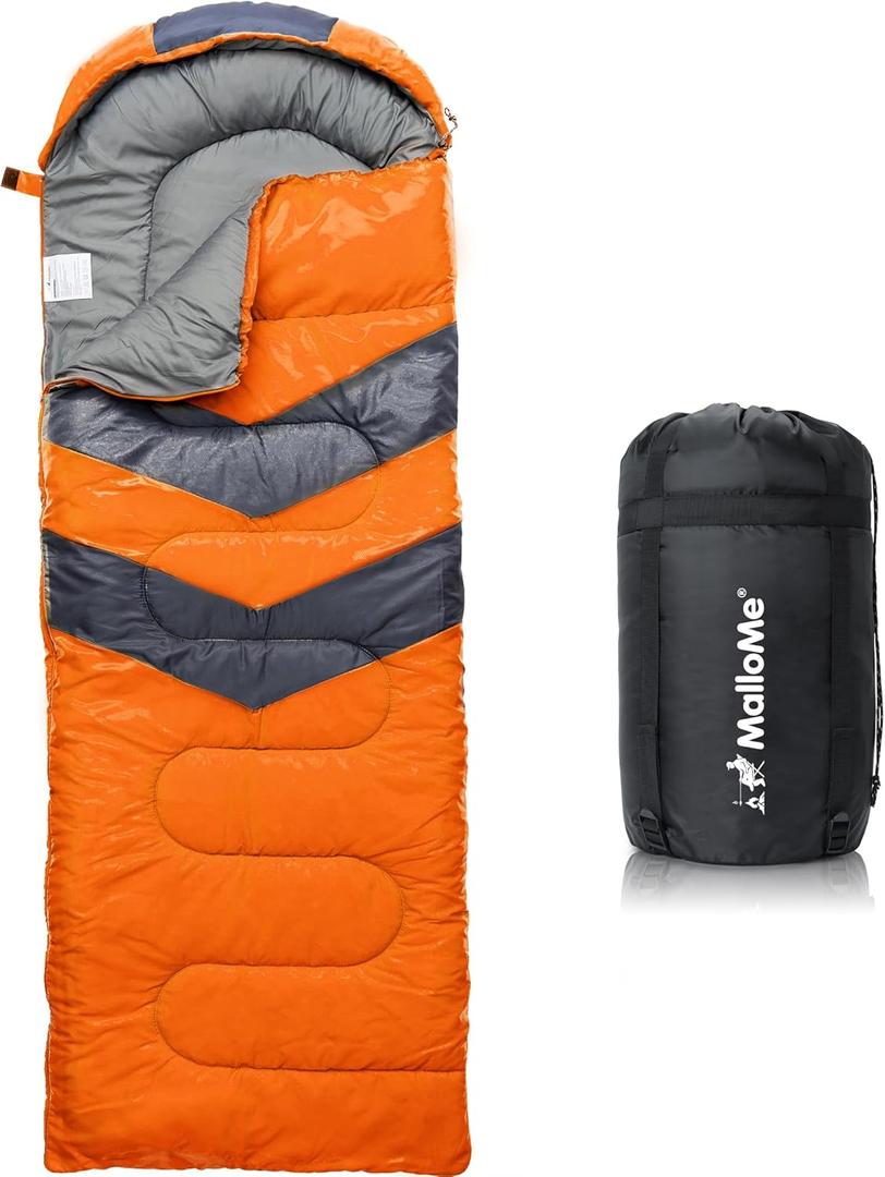 MalloMe Sleeping Bags for Adults Cold Weather & Warm - Backpacking Camping Sleeping Bag for Kids 10-12, Girls, Boys - Lightweight Compact Camping Essentials Gear Accessories Hiking Sleep Must Haves (50-80F Everyday 3 Season - Orange)