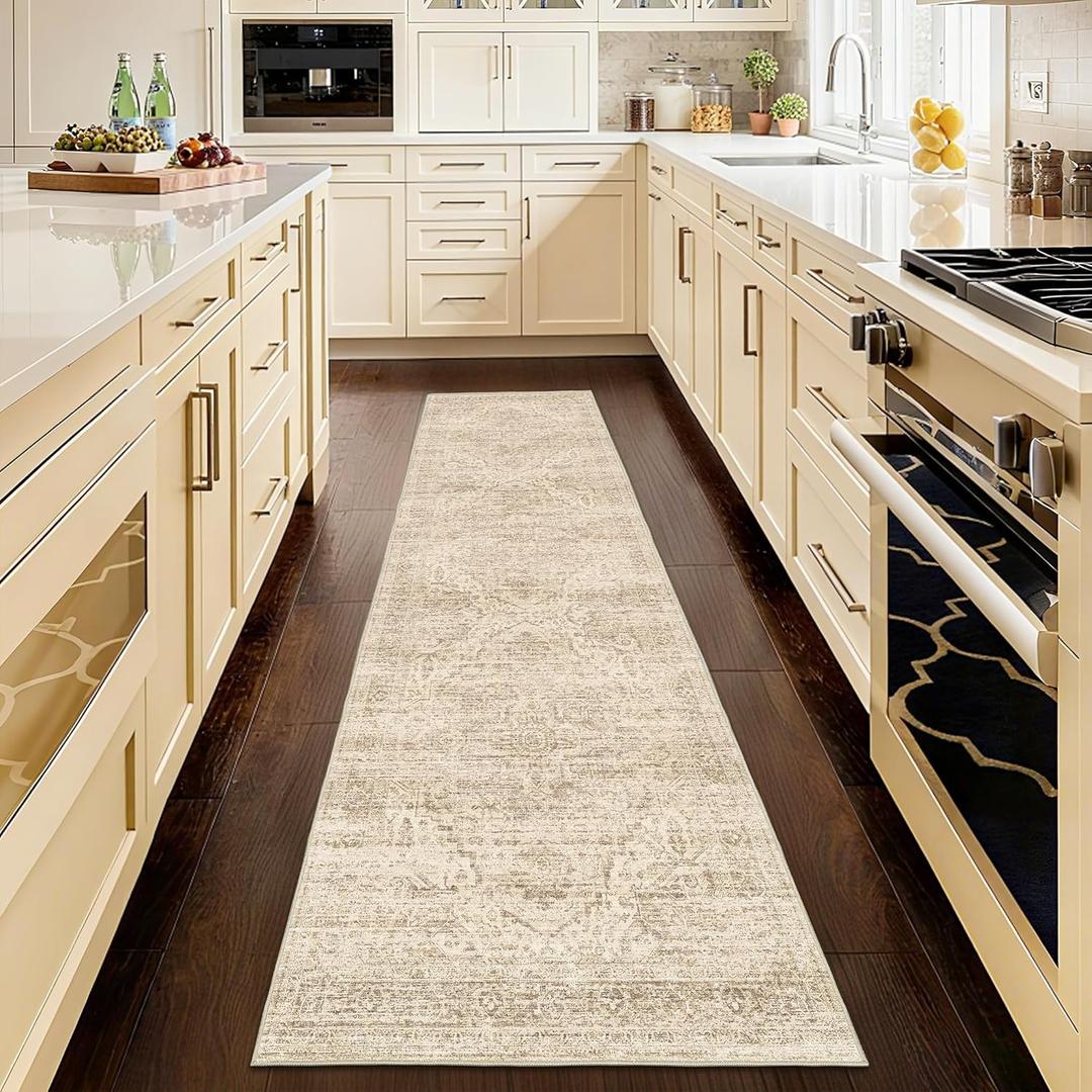 Washable Runner Rug 2x8 Runners for HallwaysVintage Kitchen Runner Rugs with Non-Slip Backing Hallway Runner Rugs,Ultra-Thin Carpet for Bedroom, Entryway,Bathroom,Laundry Room (Brown/Ivory)