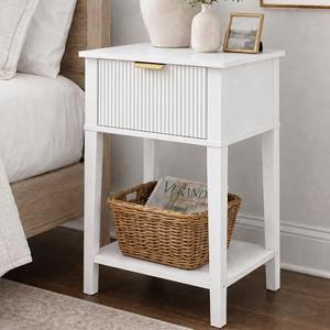 RIHHA Modern Fluted Small Wood Nightstand, 11.8" Deep x 15.4" Narrow Bedside Table with Drawer & Open Shelf, Farmhouse Chic Accent Side Table for Bedroom & Sofa - White