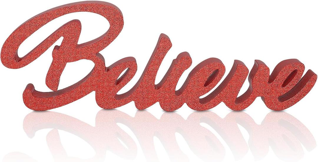 Weysat Believe Freestanding Cutout Wood Block Red Glitter Believe Sign Decorative Art Tabletop Wooden Letters Sign for Home Decoration Living Room Christmas Kitchen Family Bedroom Hall Decor