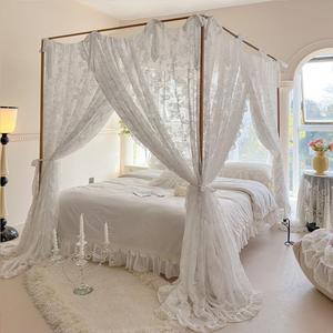 Elegant Lace Princess 4 Corner Post Mosquito Net Romantic for Girls Women Bed Curtain Canopy for Adults Wedding Bedroom Kids Rooms Decoration (Beige-White-1, Queen)