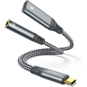USB C to 3.5mm Headphone and Charger Adapter, 2-in-1 USB Type C to Aux Jack Dongle Cable with PD 60W Fast Charging for iPhone 15 16 Pro Max Plus, Samsung Galaxy S22 S23 S24 Ultra, Note 20, iPad Pro (1-Pack, Grey)