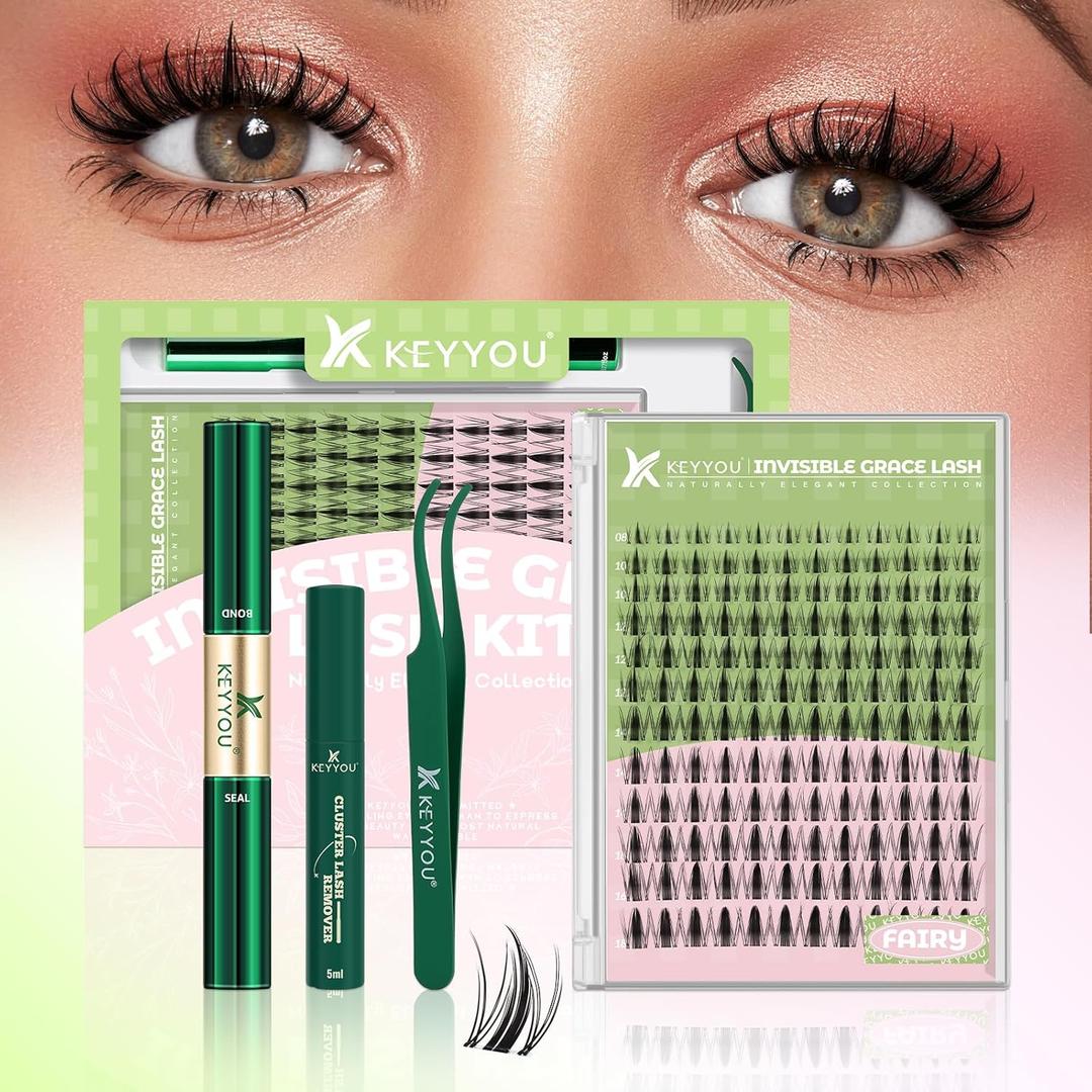 KEYYOU Fairy Lash Clusters Kit, Manga Eyelash Extension Kit at Home, 144pcs D Curl Wispy Natural Invisible Band Lash with Waterproof Lash Extensions Kit (Fairy-D-8-18MIX)