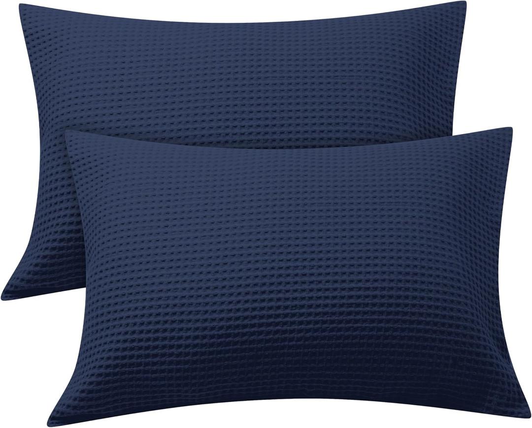 Waffle Weave Pillowcases Queen Size 2 Pack, 100% Egyptian Cotton 600 Thread Count, Ultra Soft Pillow Shams with Envelope Closure, Breathable Skin-Friendly Pillow Case, Navy Blue, 20x30 Inches