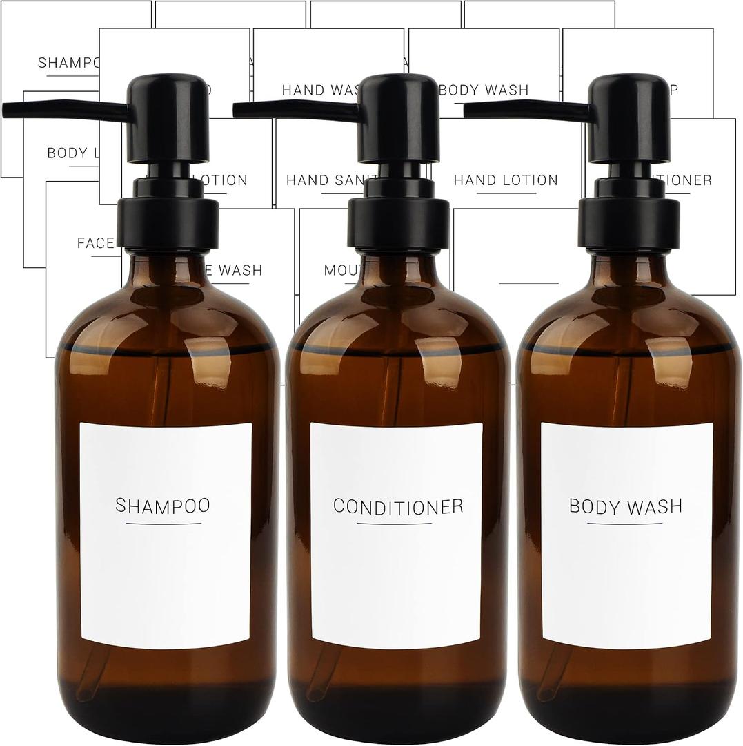 Set of 3 Amber Glass 16.9oz Soap Dispensers with 22 White Labels Bathroom Liquid Bottle Container with Black Pump