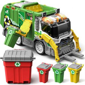 Large Friction Powered Garbage Truck Toy Set with Light & Sound - ECO City Cleaner with Recycle Dumpster, 4 Color-Coded Trash Bins & 2 Ejection Cars, Ideal Birthdays for Toddlers Boys Girls