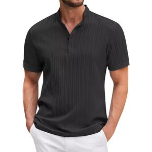Men Cotton Blend Solid Ribbed Textured Tshirt Shirt Summer Casual Button Down Short Sleeve Tees, Black XL