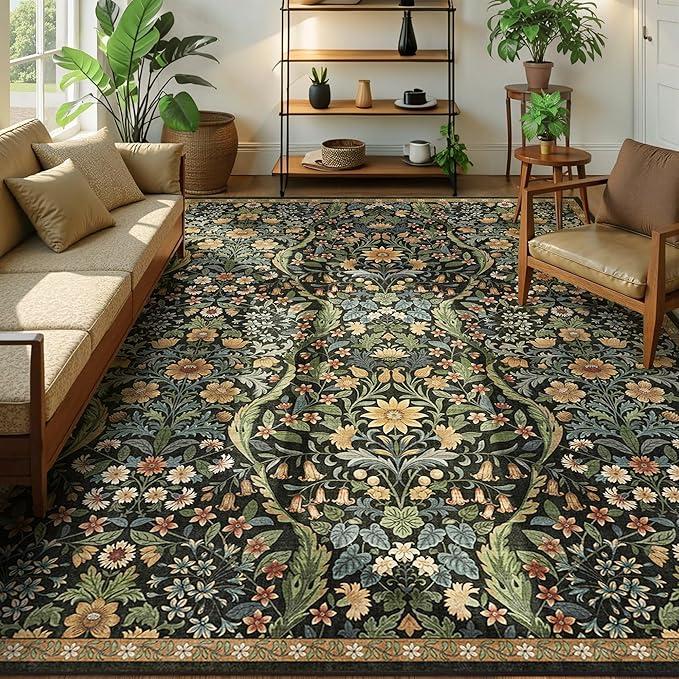 8x10 Washable Area Rug for Living Room, Large Vintage Black Brown Floral Rugs, Soft Non-Slip Stain Resistant Boho Lightweight Carpet for Girls Bedroom Dining Room Nursery Home Office