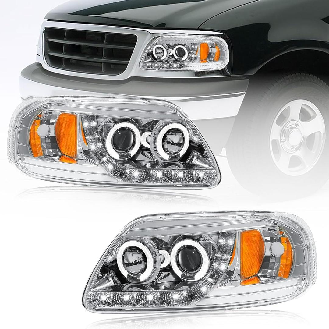 LED Headlights Compatible with 1997-2004 Ford F150 / 1997-1999 F250 / 1997-2002 Expedition Replacements Headlamp Amber Reflector Chrome Housing