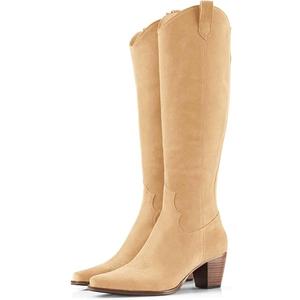Women Cowboy Knee High Boots Suede Chunky Block Heel Square Toe Tall Riding Boots Khaki 8.5