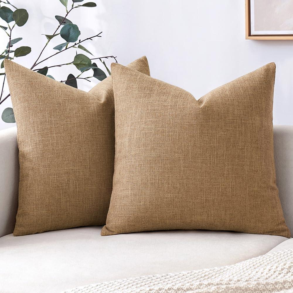 MIULEE Pack of 2 Brown Faux Linen Throw Pillow Covers Square Rustic Farmhouse Decorative Burlap Pillowcases Cushion Covers for Couch Bed Sofa Living Room 18x18 Inch