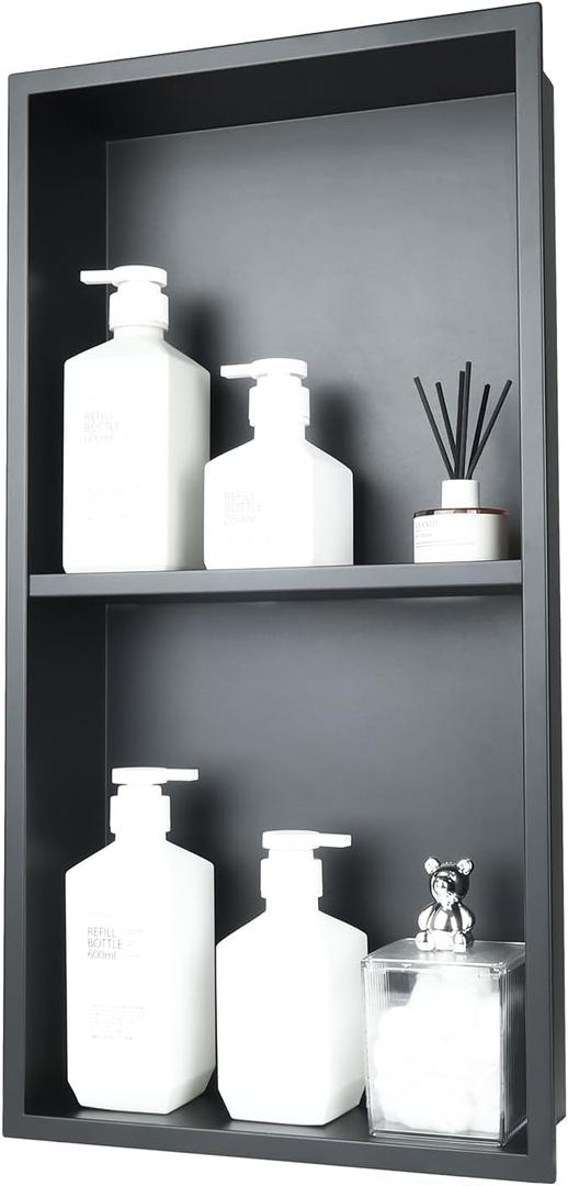 Shower Niche No Tile Needed Recessed Wall Niche for Bathroom Storage Double Shelves with Anti-FingerprintStainless Steel Sand Texture Black12 * 24 in