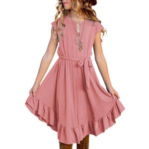 blibean Girls Summer Dresses Shorts Sleeve Kids Casual Dress 4-13 Years (Pink, XL)
