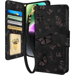Toycamp for iPhone 14 Plus Wallet Case with Wrist Strap - Leather Flip Folio Phone Case with RFID Blocking 4 Card Holder for Apple for iPhone 14 Plus Funda Cute Aesthetic for Women, Black Butterflies