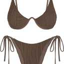 ZAFUL Women's Bikini Sets Ribbed Two Piece Swimsuits Underwire Adjustable Back Clasp Bathing Suit Side Tie Thong Swimwear, (Deep Coffee, Medium)