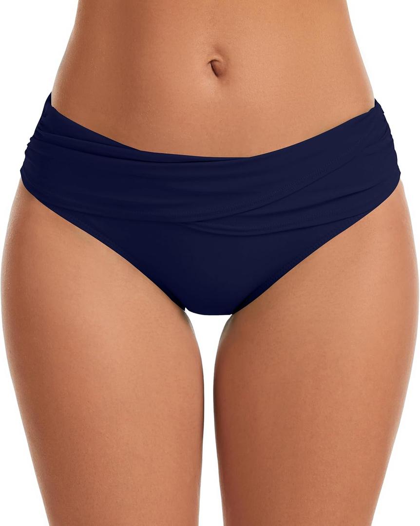 Vogueric Women's Swimsuit Bikini Bottoms Full Coverage Ruched Bathing Suit Bottom Dark Navy Small