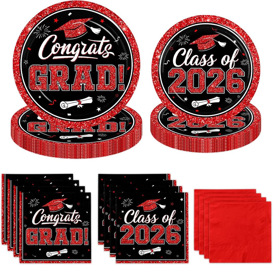 2 x Graduation Decorations 2026 Graduation Party Plates and Napkins Set Black Red Class of 2026 Graduation Party Supplies for Congrats Grad Party Decor, Serve 50